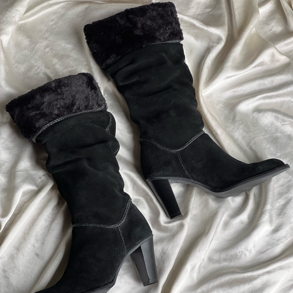 Black Fur Trim Knee High Suede Boots